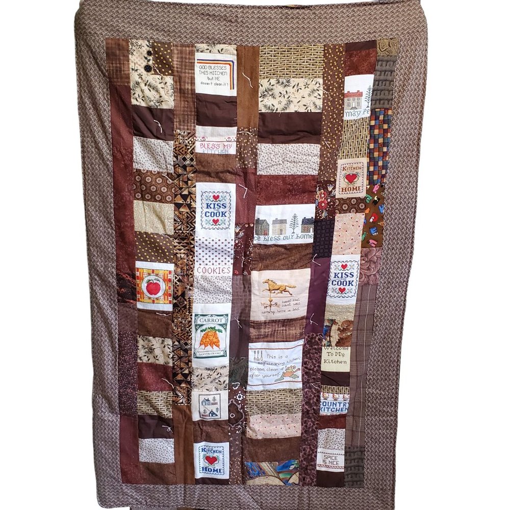 Cross Stitch Quilt Patchwork Lap Throw Blanket Hand Made Kitchen Theme 38" x 60"